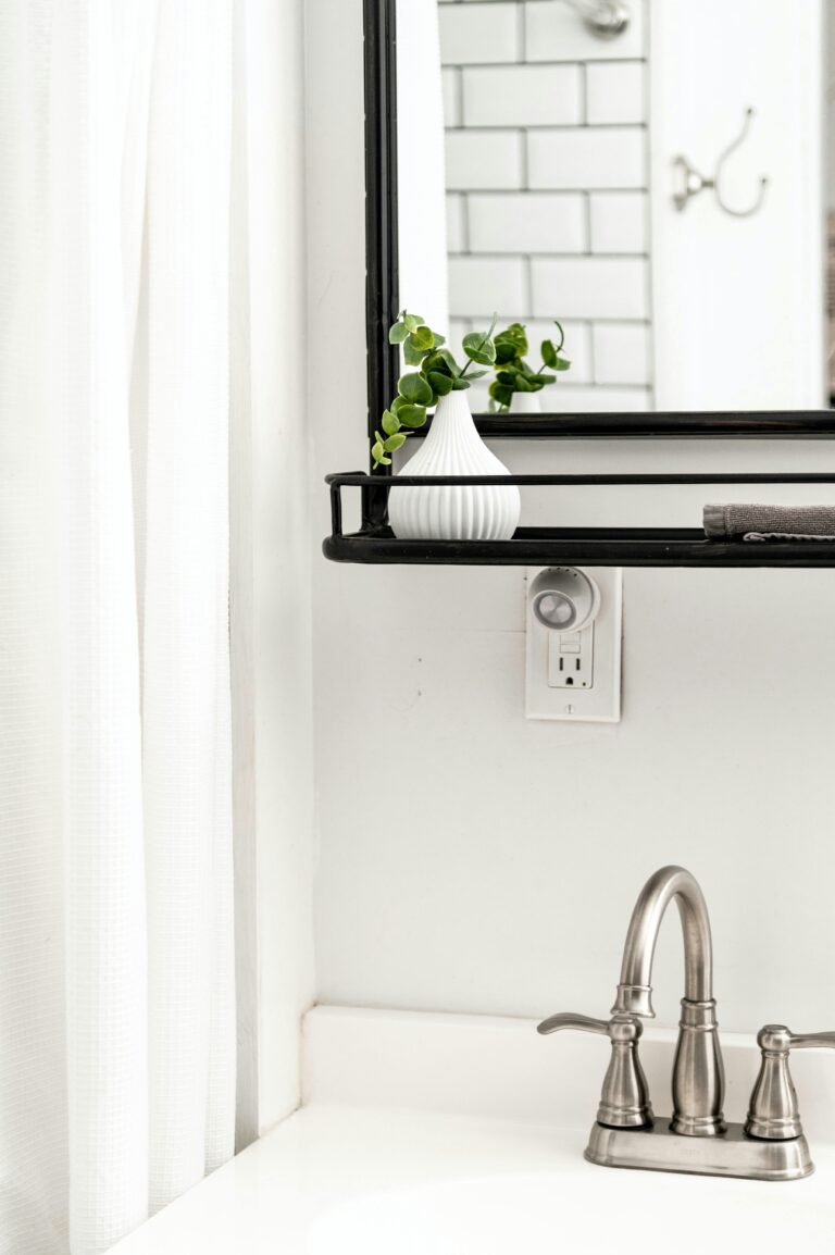 Salle de bain vanité robinet tuyauterie miroir plante verte rideau de douche